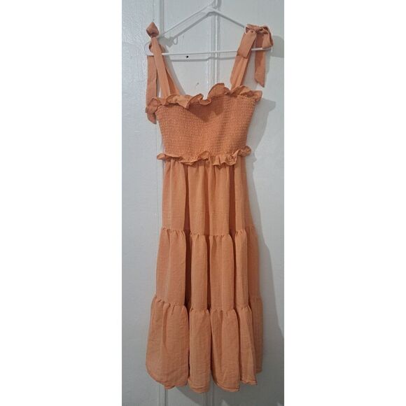 Vici Womens Small Midi Tiered Peach Papaya Ruched Tie Shoulder Dress - Picture 2 of 7